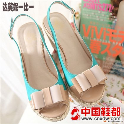 2014女鞋新款凉鞋女正品坡跟高跟蝴蝶结夏季时尚防水台鱼嘴鞋清仓