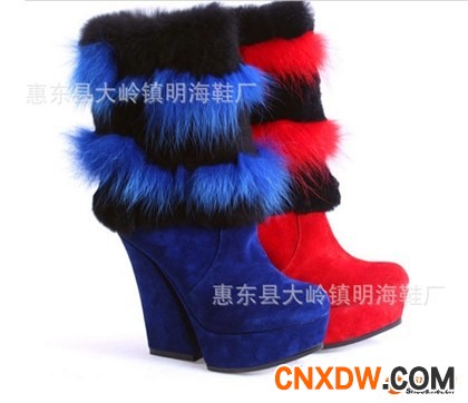 2013新款女靴超高粗跟尖头侧拉链狐狸毛雪地靴罗马女士靴子棉靴