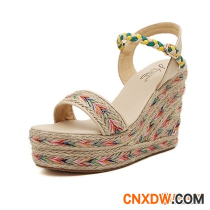 康妃妮2014新款凉鞋女鞋高跟防水台坡跟彩色麻条防滑女鞋厂家批零