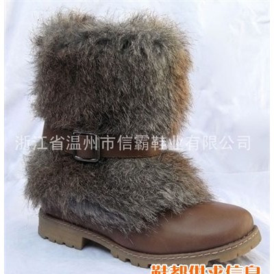 信霸 加毛真皮真毛中筒低跟流行女靴雪地靴