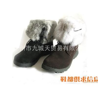 短款雪地靴 黑色 牛皮雪地靴 狐狸毛